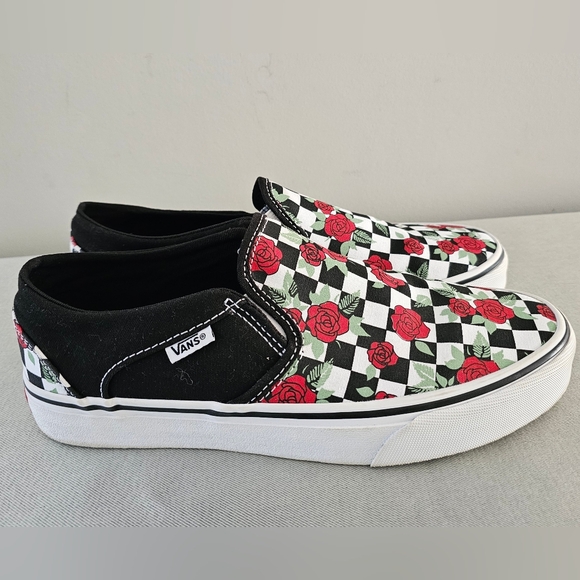 VANS Asher Checkerboard & Roses Womens Slip On Sneakers, Shoes - Picture 2 of 10